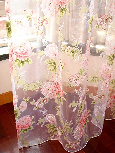 Rod Pocket Sheer Curtain, Elegant 2 Pieces - Total Size 120 Inch Wide (60 Inch Each Panel)- 63 Inch Long, Natural Light Flow, Pink Flower (63-in L)