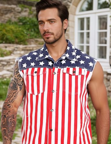 Image of Men's Denim Loose Fit Biker Vest Sleeveless Jacket Summer Retro Lapel American Flag Jean Jacket Shirt