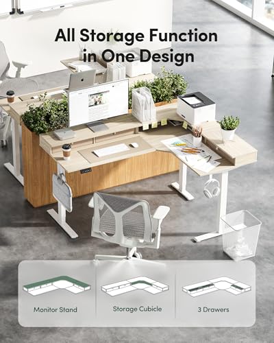 Image of FEZIBO L-Shaped Electric Standing Desk, 63 x 48 Inches Large Height Adjustable, Reversible Tabletop, Corner Desk with Drawers, Ergonomic Computer Table, Light Walnut Top