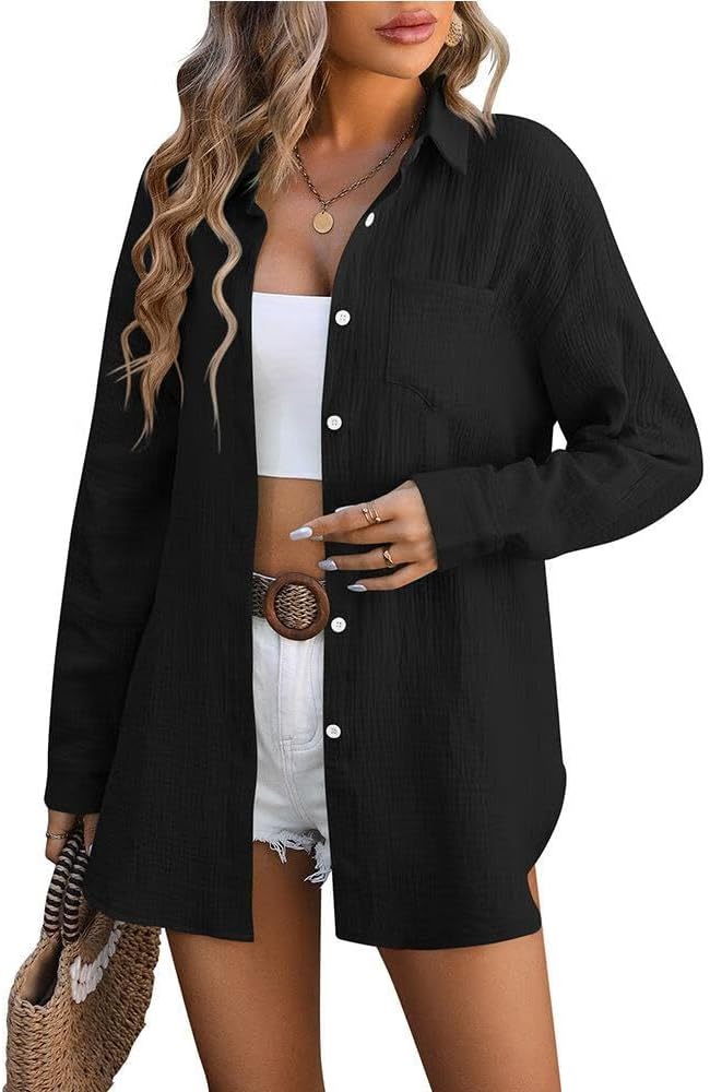 FMCHICO Womens Button Down Shirts Casual Long Sleeve Shirt Textured Collared Blouse Top with Pocket