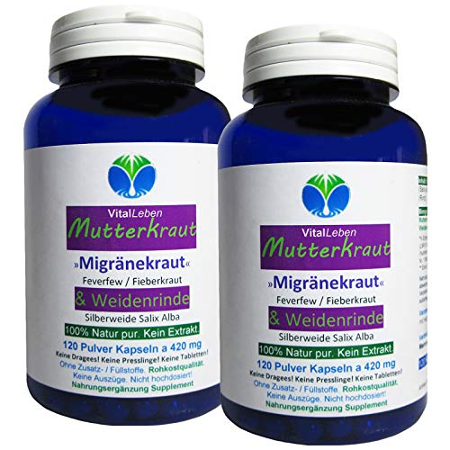 MUTTERKRAUT + WEIDENRINDE 240 (2x120) Kapseln volkstümlich Migränekraut/Feverfew/Fieberkraut - Frauen Universalmittel nach Hildegard von Bingen. NATUR pur. OHNE ZUSATZSTOFFE 26685-2