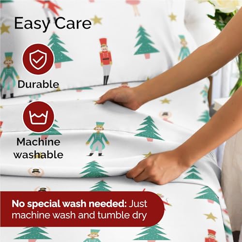 Queen Christmas Nutcracker Ballet Sheet Set - Holiday Xmas Pattern Bedding Set - Deep Pockets - Snug Fit - 4 Piece - Wrinkle Free - Comfy Festive Winter - Holiday Sheets for Women, Men, Kids & Teens