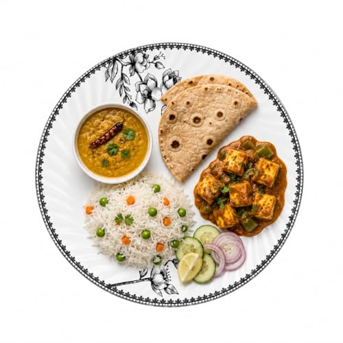 Image of Melvio By Malti 2 Pcs Dinner Plate Set for Dining & Serving | Premium Melamine Full Plates with Elegant Floral Design | Microwave & Dishwasher Safe Plates for Lunch, Dinner, Roti | White, 11 Inch