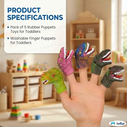 Image of FunBlast Dinosaur Finger Puppets Set for Kids - Soft Rubber Realistic Dino Head Toys for Pretend Play, Birthday Return Gifts & Party Favors (Pack of 5) - Color May Vary