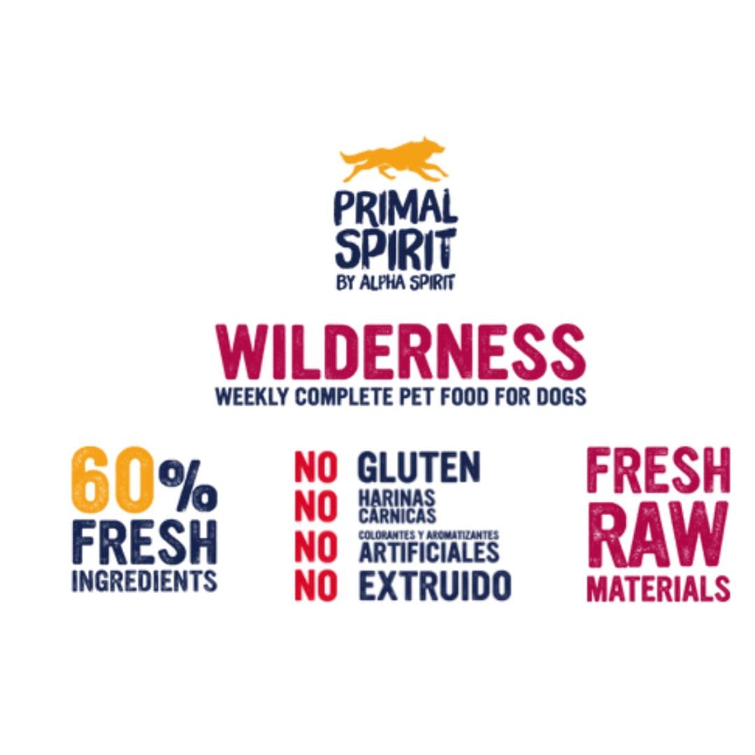 ANIMALUJOS - Primal Spirit Pack Surtido Pienso Semihúmedo para Perros Adultos, Wilderness, Wanderlust y Wild Waters, Sin Gluten, Ingredientes Frescos, 3 x 1 kg