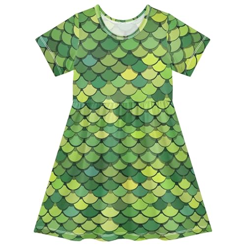 ALAZA Green Dragon Scales Girls Dress Short Sleeve Toddler Casual Dresses Summer Sundress 2-8T