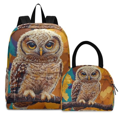 Backpack Lunch Box Set Large Capacity Travel Backpacks and Insulated Lunch Bag for Commute Hiking Picnic Cute Owl Print
