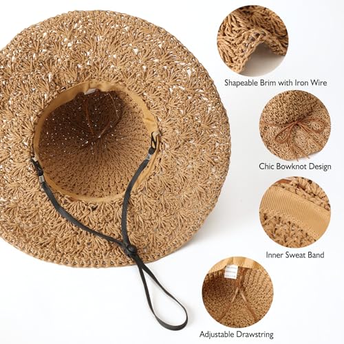 Image of Beach Sun Straw Hats for Women, Floppy Wide Brim Summer Straw Hats, Foldable Packable Roll up Cap