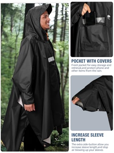 ANYOO Leichter Wasserdichter Regenponcho Regenjacken mit Ärmeln Belüftet Mehrzweck Regenmantel mit Kapuze Ideal für im Freien Camping Wandern Angeln, Schwarz, Einheitsgröße