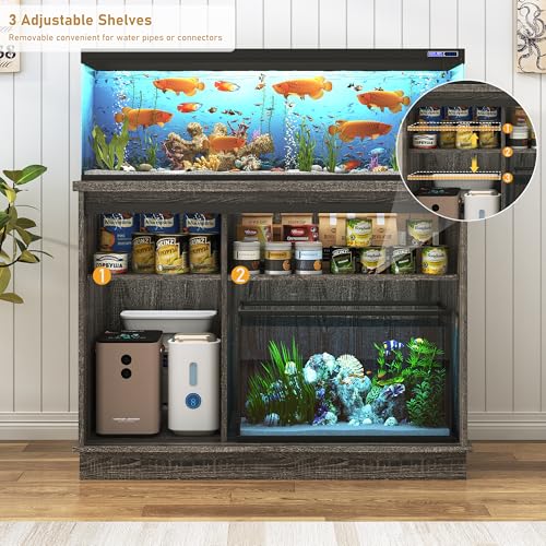 Image of Hlivelood Farmhouse 30-40 Gallon Fish Tank Stand with Power Outlet, Aquarium Stand w /Cabinet&Sliding Barn Door, Heavy Duty Reptile Tank Stand for Fish /Turtle /Reptile Terrarium, 1000LB Capacity, Grey