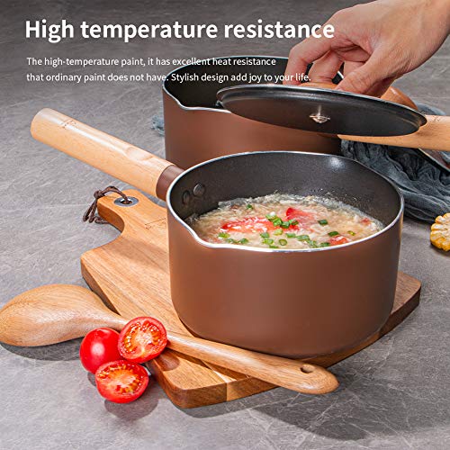 SKY LIGHT Sauce Pan 2 Quart, Nonstick Saucepan with Lid, Stone-Derived Granite Coating No-stick Saucier Pot, Ergonomics Wooden Handle, Pour Spouts Milk Pot, Induction Compatible, Brown
