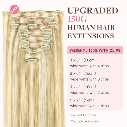 Image of GOO GOO Clip in Hair Extensions Real Human Hair, Remy Human Hair Extensions Clip ins for Women, Natural Human Hair, 14inch 150g 9Pcs, 18D /22F Dirty Blonde Highlights