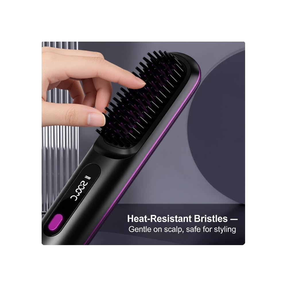 Spazzola piastra lisciante per capelli senza fili, 3-in-1 piastra elettrica con display LED e protezione in ceramica, ricaricabile USB, spazzola da viaggio portatile per capelli corti e lunghi 160-200