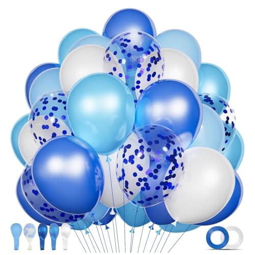 Image of 68Pcs Blue and White Balloons Kit 12 Inch, Blue Confetti Balloons Light Blue Baby Blue Pearl White Party Balloons with Ribbons for Birthday, Wedding, Baby Shower, Graduation Decorations