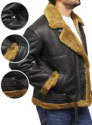 BRANDSLOCK Men's Sheepskin Leather Jacket Aviator Real Shearling Bomber Flying Pilot4