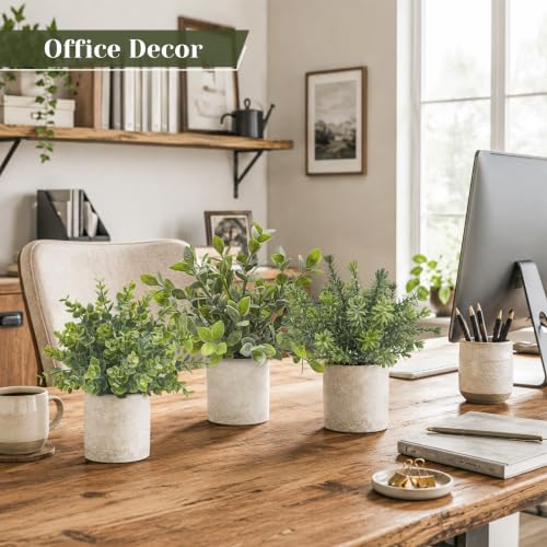 Der Rose 3 Pack Mini Potted Fake Plants Artificial Plastic Eucalyptus Plants Topiaries for Home Office Desk Farmhouse Shelf Room Bathroom Decor(Sage Green)