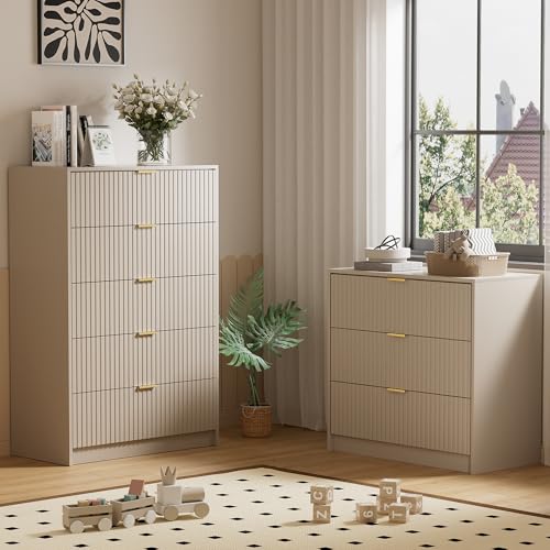 Image of Furniway 31.5 inch Large Nightstand with 3 Drawers, Fluted Bedside Table, Modern Tall End Table with Storage, Wood Night Stand Organizer Cabinet for Bedroom, Beige