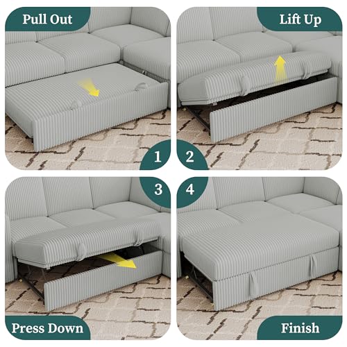 Image of 106.7 inch Corduroy Sectional Sleeper Sofa Pull Couch with Storage Light Gray