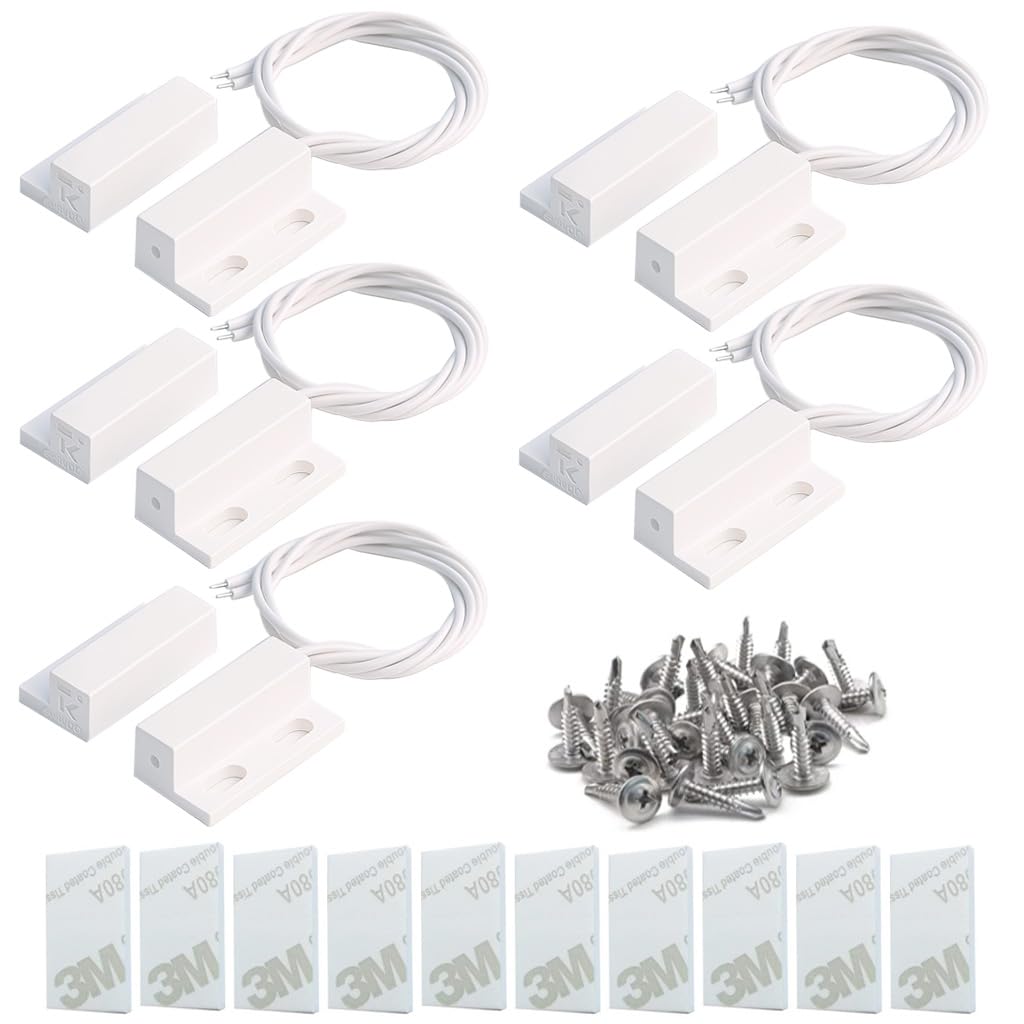 Gebildet 5pcs Recessed Wired Security Window Gate Contact Sensor Alarm,Magnetic Reed Switch White,Magnetic Door Sensor,Normally Closed Magnetic Switch with 20pcs Screw+10pcs Sticker
