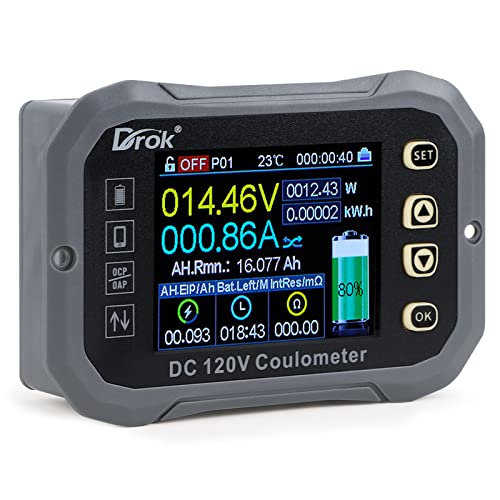 Charge-Discharge Multi Meter, DROK 0-120V 100A DC Voltmeter Coulometer, Mobile Phone APP Control LCD Battery Monitor Volt Amp Temp Power Capacity Timing Monitor for RV, Boat, E-Bike