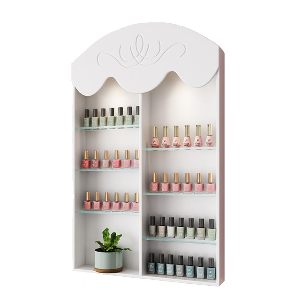 Mensola Portaoggetti per Smalti da Salone, Espositore per Cosmetici in Legno Bianco, Mobiletto per Oli Essenziali Sospeso con Pannello Posteriore, Mensole Galleggianti Multiuso,0.5m