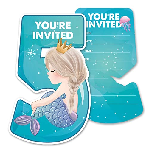 Opomzk Cute Mermaid 5th Party Invitations with Envelopes, 20 Set Magical Mermaid Five Shaped Invitations Fifth Birthday Kids Party Invites Supplies Favors, Double-Sided
