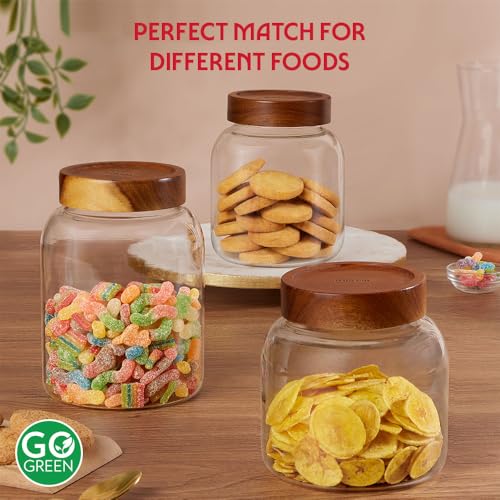 Image of Borosil Glass Jar with Acacia Wood Lid | Borosilicate Glass Storage Jar for Dry Fruits, Spices & Snacks | Airtight Glass Container for Kitchen & Pantry (Roundwood, 1200 ml)