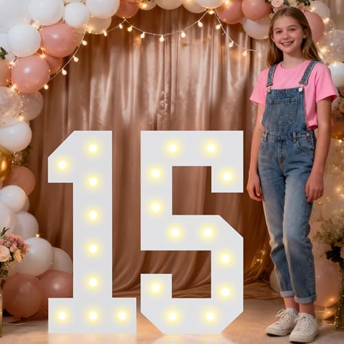 Image of Pooqla 2.4FT Light Up Numbers for 15 Year Old Boy Girl Gifts, Marquee Numbers 2.4 Feet Tall Party Decor for Her Him, Mosaic Big Sign for 15th Birthday Decoration Backdrop, Warm White Large Number 15