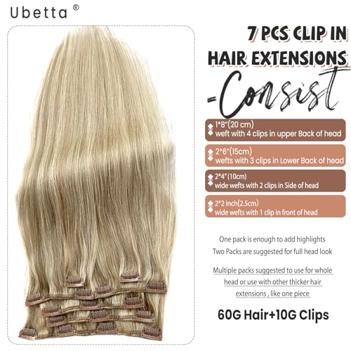 Image of Clip in Hair Extensions Real Human Hair, Ash Blonde Balayage Blonde Highlights Hair Extension Real Human Hair Clip ins 14 Inch 7pcs 70G Double Weft Hair Extensions Human Hair Clip in Extensions