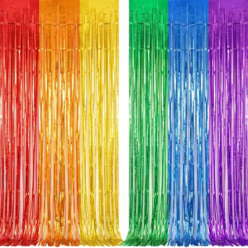 Image of 2Pack Rainbow Foil Fringe Curtains Backdrop Decorations, Rainbow Metallic Tinsel Foil Streamers Curtain Photo Booth Background for Birthday Wedding Engagement Bridal Shower Unicorn Party Decorations