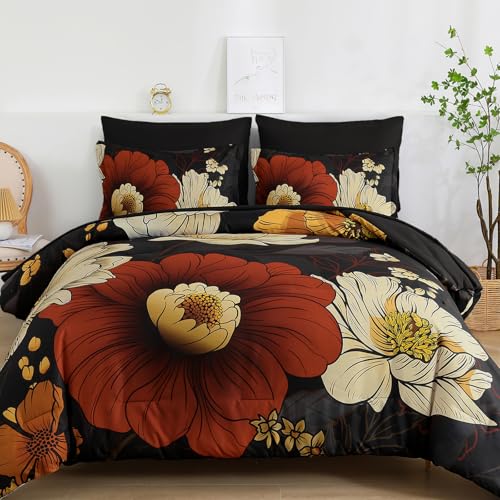 Xruibed Black Floral Queen Comforter Set, 7 Pieces