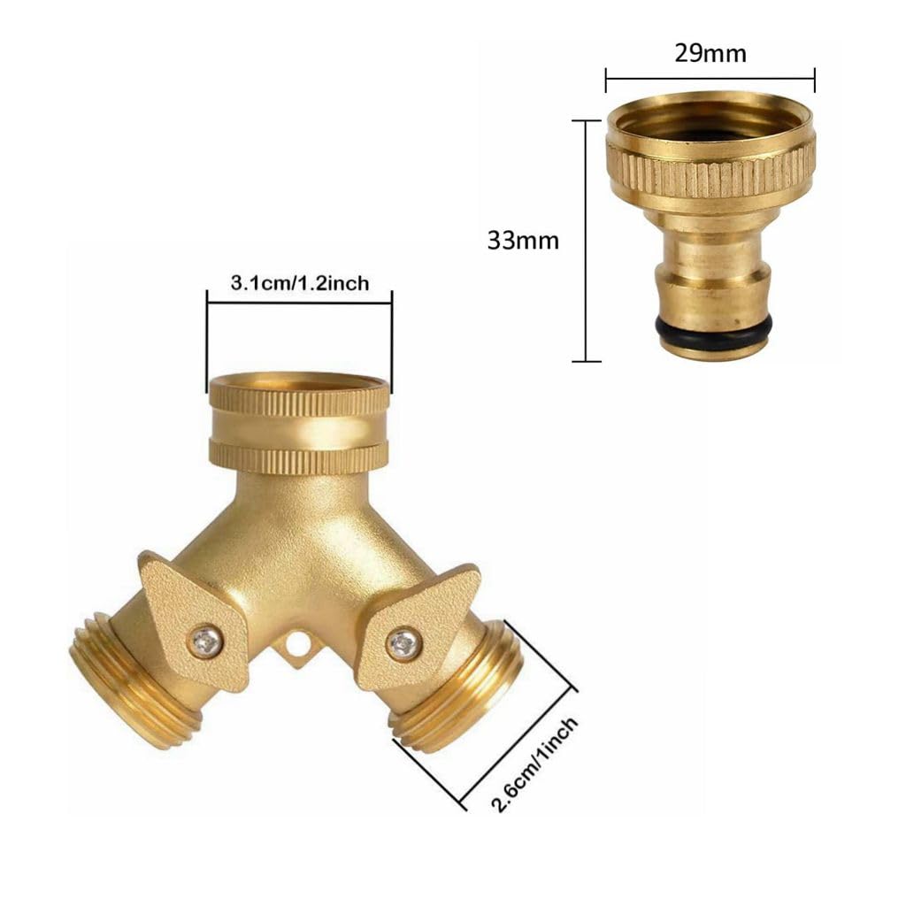 Brass 2 Way Y Valve Tap Connector - Garden Hose Splitter with 2Pcs 3/4" Tap Connector, Gold - Image 2