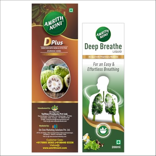Image of Amrith Noni D Plus juice 1 litre & Deep Breathe Syrup 200ml | Manage Blood Sugar & Detox Your Lungs Naturally| Ayurvedic Combo Pack|