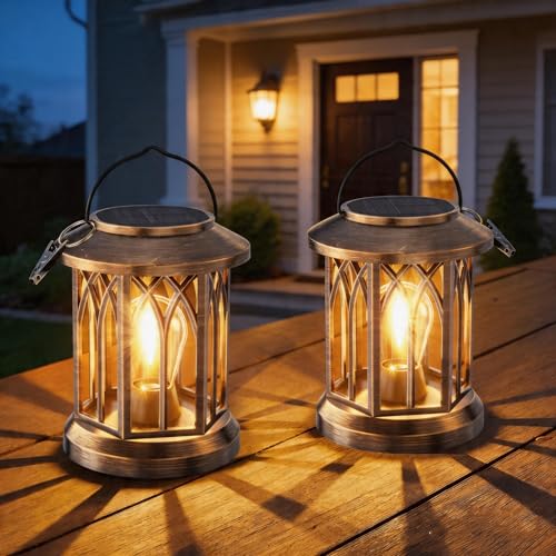BUCASA Solar Lights Outdoor Garden 2 Pack Hexagonal Vintage Solar Lanterns with LED Buld Clip 12H Runtime Garden Ornaments Outdoor Lantern Light Waterproof Decorative Lighting for Table Yard Patio