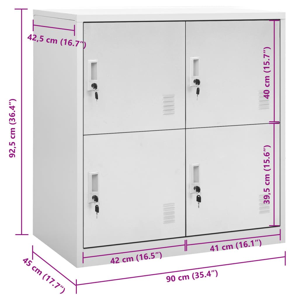 Armadio grigio chiaro, 90 x 45 x 92,5 cm, in metallo, con 4 scomparti e serrature, armadietto moderno per ufficio, scuola e archivio, robusto armadietto per documenti