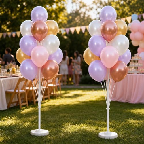 Image of Balloon Column Kit Set of 2,Anti-Tip Sand-Fill Base Balloon Tower Stand with 10 inch 26pc pink purple Balloons,Height Adjustable for Easter Birthday Wedding Bridal Party Decorations Graduation
