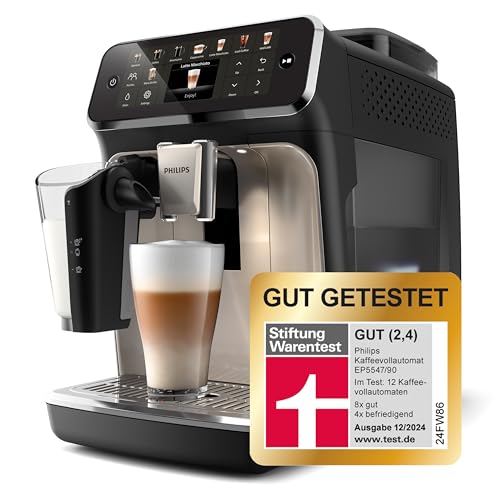 Philips Serie 5500 Kaffeevollautomat – LatteGo Milchsystem, 20 heiße und kalte Kaffeespezialitäten, 40% leiser mit SilentBrew, QuickStart, Schwarz Verchromt (EP5547/90)