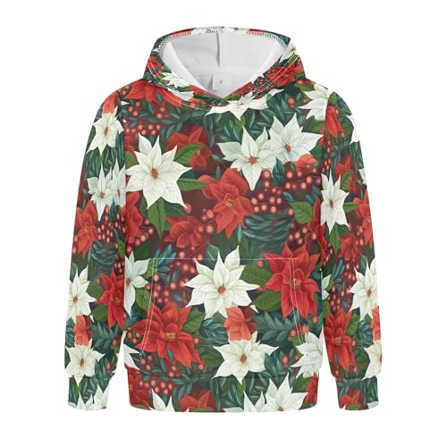 Kids Hoodies Sweaters Christmas Poinsettia Flower Hooded Sweatshirts with Big Pockets for Boys Girls B0400057
