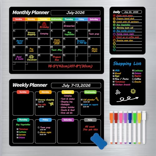 FINDMAG 4 Pack Magnetic Dry Erase Board Set, 16.5'x11.8' Magnetic Calendar for Refrigerator, Fridge Calendar Magnet, Black Weekly Planner Whiteboard for Fridge, Easy to Use with 8 Markers & Eraser