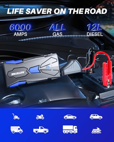 Image of AUTOONE 6000A Car Battery Jump Starter Up to All Gas & 12L Diesel Engine, Car Battery Jumper Starter Portable 12V Jump Box with USB Output, Storage Case, LED Flashlight