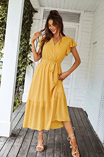 Image of PRETTYGARDEN 2023 Women's Floral Summer Dress V Neck Short Sleeve Ruffle Hem A-Line Boho Maxi Dresses | Short Sleeve Wrap V Neck, Long Flowy Ruffle Dresses, Spring Wedding Guest Outfits for Beach Vacation, Resort Wear, Tea Party