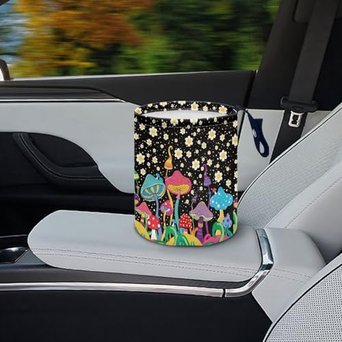 Image of Mushroom Daisy Trash Can Leak Proof Waste Basket Container Bag Bin Hanging Cup Holder Organizer with Strap Mini Car Interior Accessories for Auto, Camping, Travelling