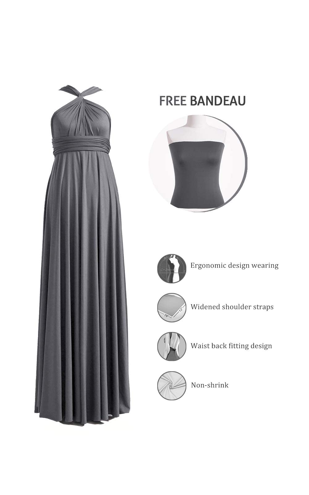 72styles Sukienka nieskończoności z bandeau, sukienka dla druhny, długa, duże rozmiary, sukienka wielokierunkowa, zawijana sukienka