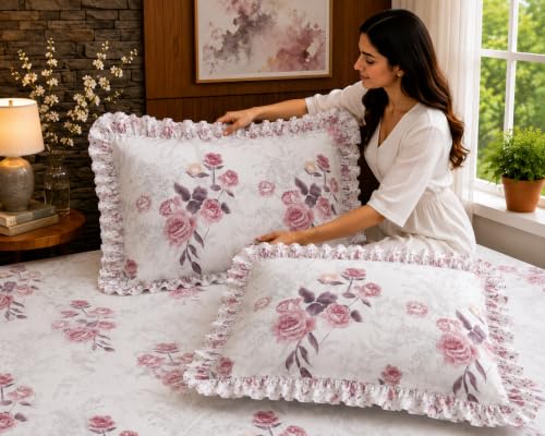 Image of Fitted Bedsheet Queen Size 300 TC Soft Cotton Feel Microfiber All Around Elastic Fitted Double Bedsheet with 2 Frill Pillow Covers | Size (60x78) Pink Rose