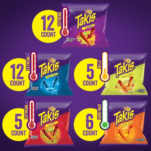 Image of Takis Assorted Rolled Tortilla Chips, 40 pc / 1 oz Variety Pack | 12 Fuego, 12 Blue Heat, 6 Intense Nacho, 5 Chile Limon, 5 Nitro; non-spicy to extremely spicy