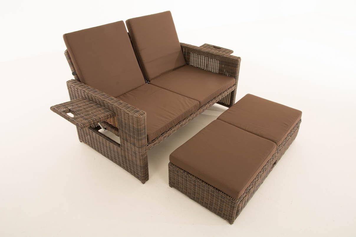 CLP Polyrattan 2er-Loungesofa Ancona 5mm I Rundrattan Garten-Sofa Mit Ausziehbarem Fußteil Und Verstellbarer Rückenlehne I, Farbe:braun-meliert, Polsterfarbe:Terrabraun