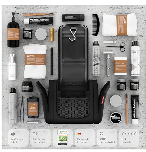 VanLindson Kulturbeutel XXL, 9 Liter Stauraum, 3-in-1 Kulturtasche zum Aufhängen für Damen, Herren und Kinder, Kosmetiktasche für Reise, Waschtasche, Waschbeutel, Wasserabweisend, Schwarz