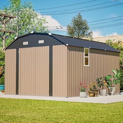 Outdoor Storage Shed, 10 X 12 FT Large Metal Utility Tool Sheds with Floor Frame & Windows, Steel Garden Shed with Updated Frame Structure for Backyard Patio Lawn, Brown