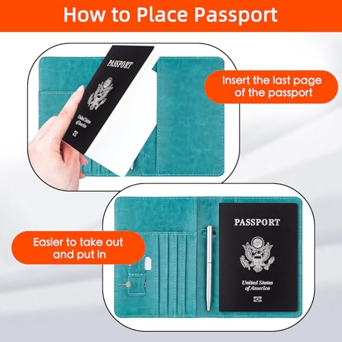 Image of WALNEW Passport Holder for Travel, RFID Passport Cover Wallet for Women Men, PU Leather Passport Book Card Holder Case with Pen (Elastic Band Closure, C-Blue)