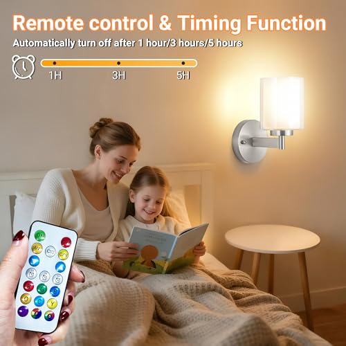 Image of Nekhung Battery Operated Wall Sconce Set of 2, Wireless Wall Sconce with Remote,10000mAh Rechargeable RGB Dimmable Bathroom Light Fixtures with Double Clear Glass Shade NOT Hardwired (Nickel)